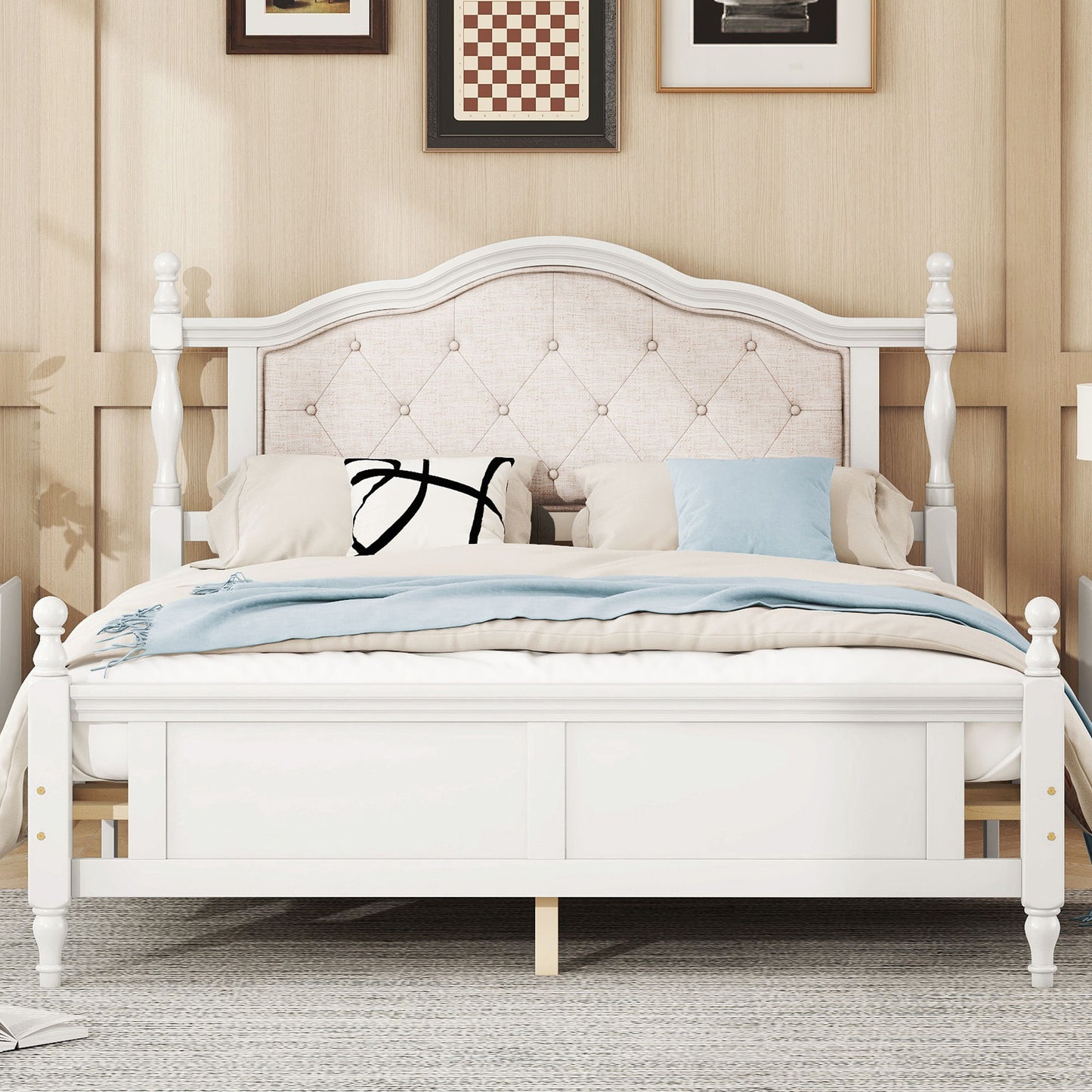 Pine Wooden Bed With Upholstered Headboard And Panel Footboard, With Two Bed Rail Support Feet And Central Platform Support Feet