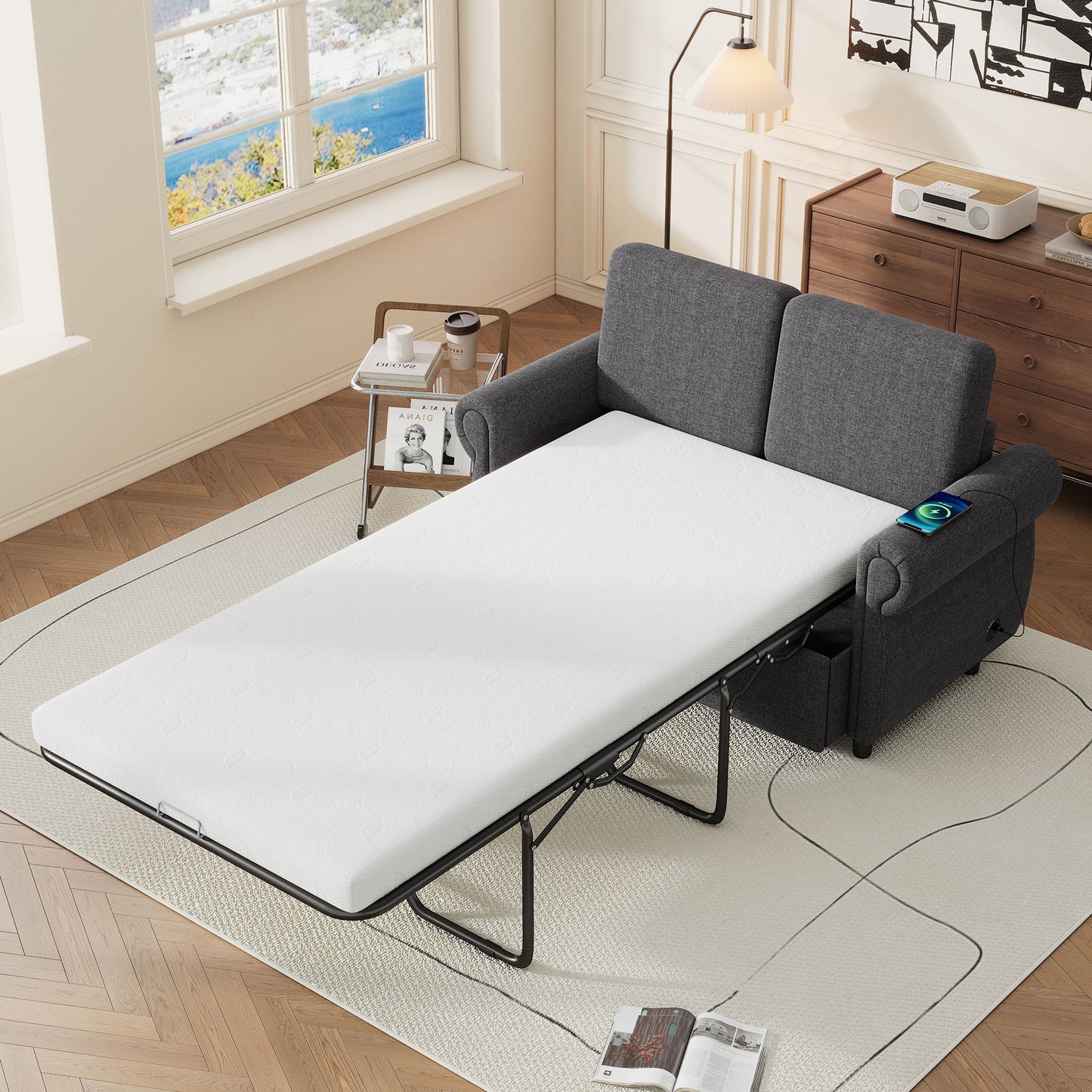 Pull Out Sofa Bed Loveseat Sleeper With Twin Size Memory Mattress With Two USB Ports For Living Room Spaces