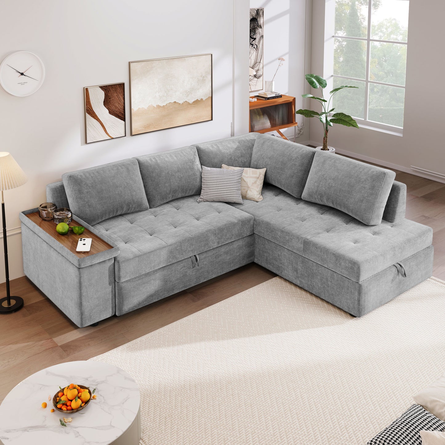 L Shaped Couch With Pull Out Bed And Storage Sectional Sleeper Sofa With Hidden Storage, Wide Armrest With Storage, For Living Room, Apartment, Bedroom, Office