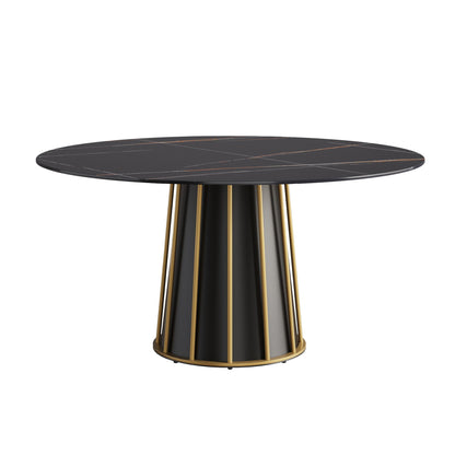 Modern Artificial Stone Round Metal Iron Base Dining Table, Can Accommodate 8 People, (Not Including Chairs) - Black