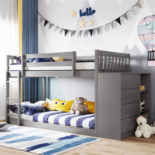 Twin Over Twin Bunk Bed With 4 Drawers And 3 Shelves