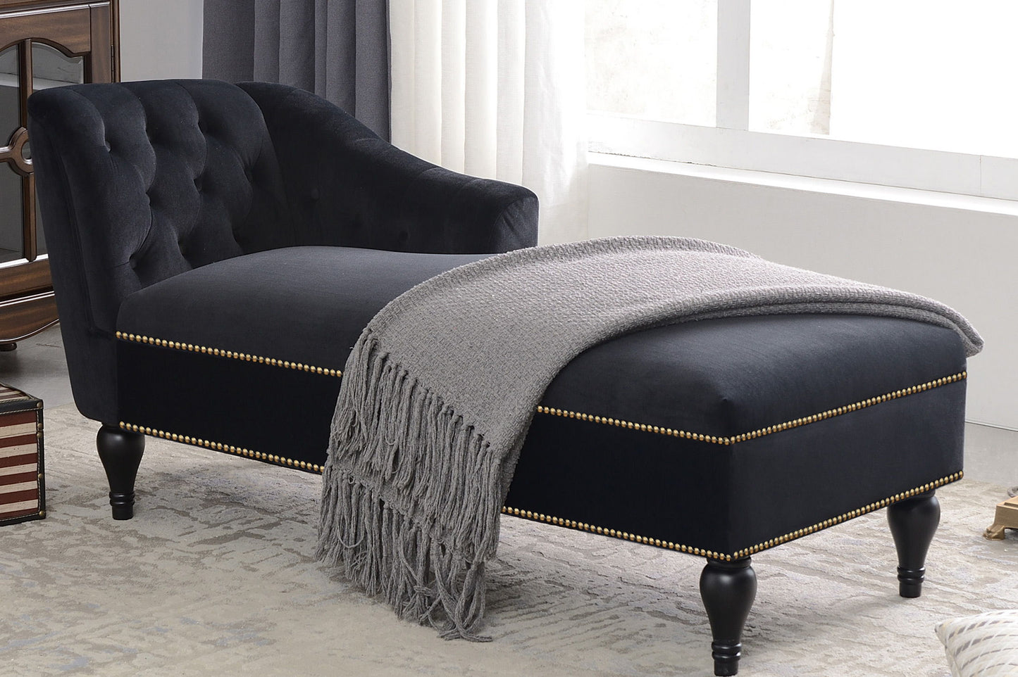 Velvet Chaise Lounge, Button Tufted Right Arm Facing Lounge Chair With Nailhead Trim & Solid Wood Legs For Living Room Or Office, Sleeper Lounge Sofa - Black