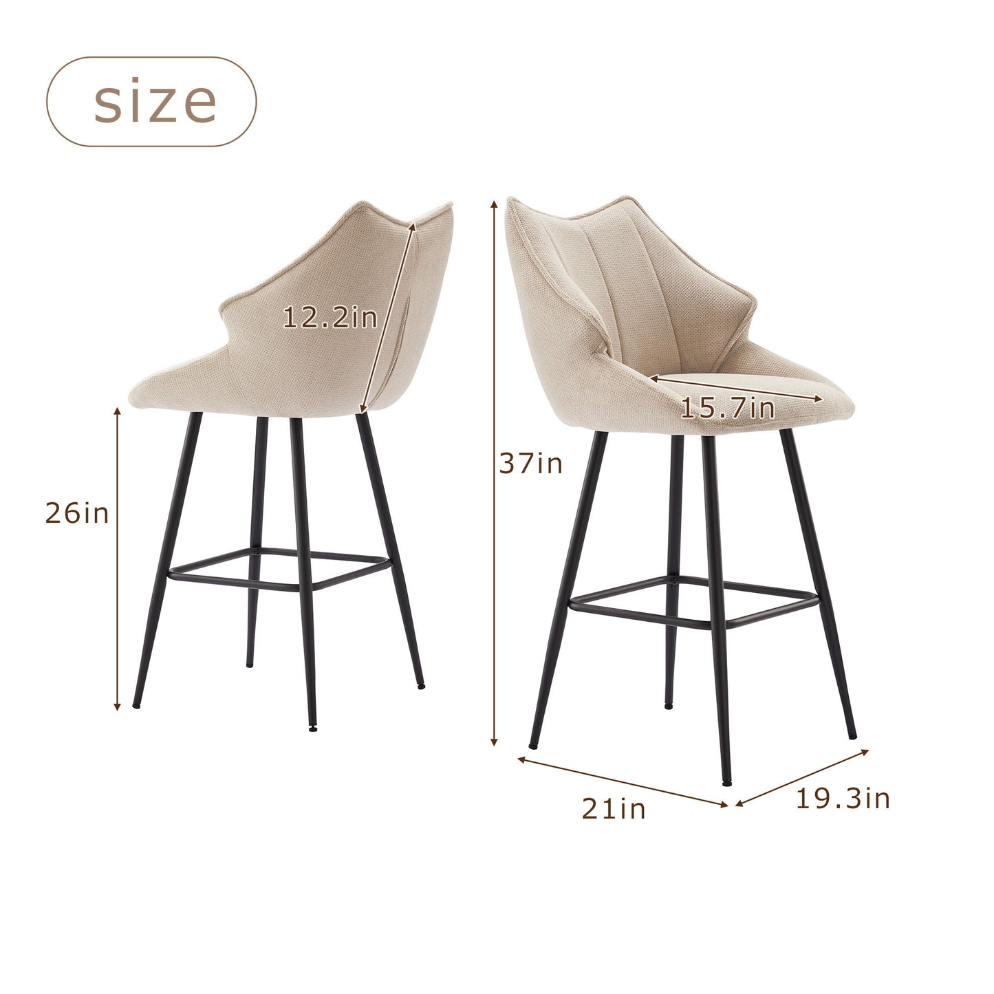 Modern Counter Height Bar Stools Chairs (Set of 2), Mid-Century Armless Upholstered Barstools For Kitchen Counter, Upholstered Counter Stools With Backs, Kitchen Island Stool - Beige