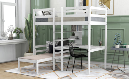 Convertible Loft Bed With L-Shape Desk, Twin Bunk Bed With Shelves And Ladder - White