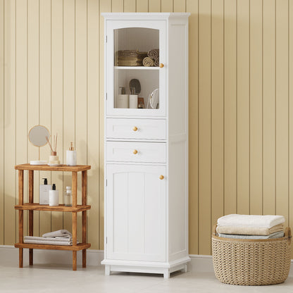 Tall Bathroom Storage Cabinet With Glass Doors, Free-Standing, Two Drawers, And Adjustable Shelves, MDF Board, Painted Perfect For Displaying Your Favorite Items