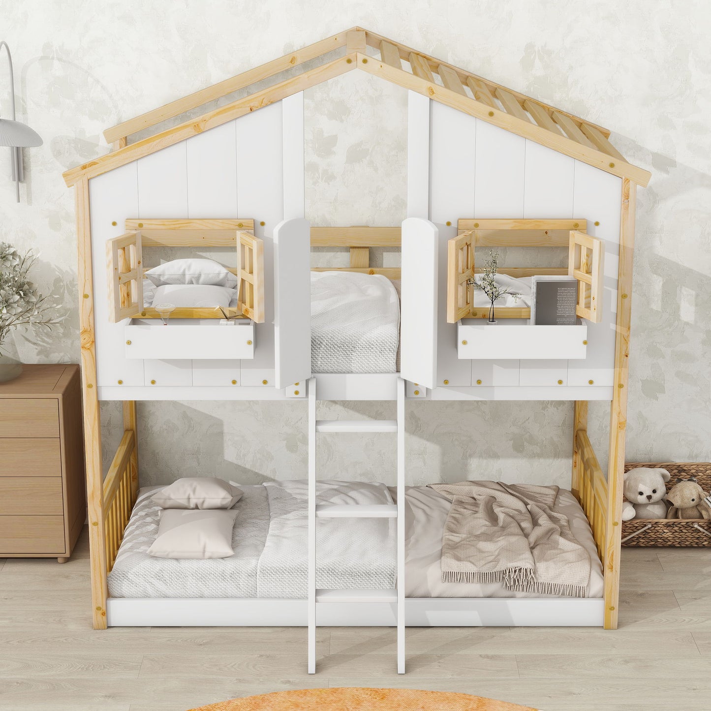 House Bunk Bed With Roof, Window, Window Box, Door, With Safety Guardrails And Ladder