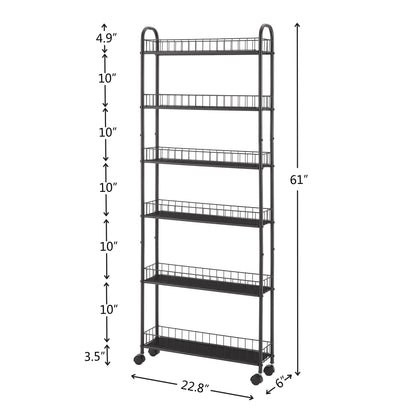 6 Tier Rolling Cart Gap Kitchen Slim Slide Out Storage Tower Rack With Wheels, 6 Baskets, Kitchen, Bathroom Laundry Narrow Piaces Utility Cart - Black