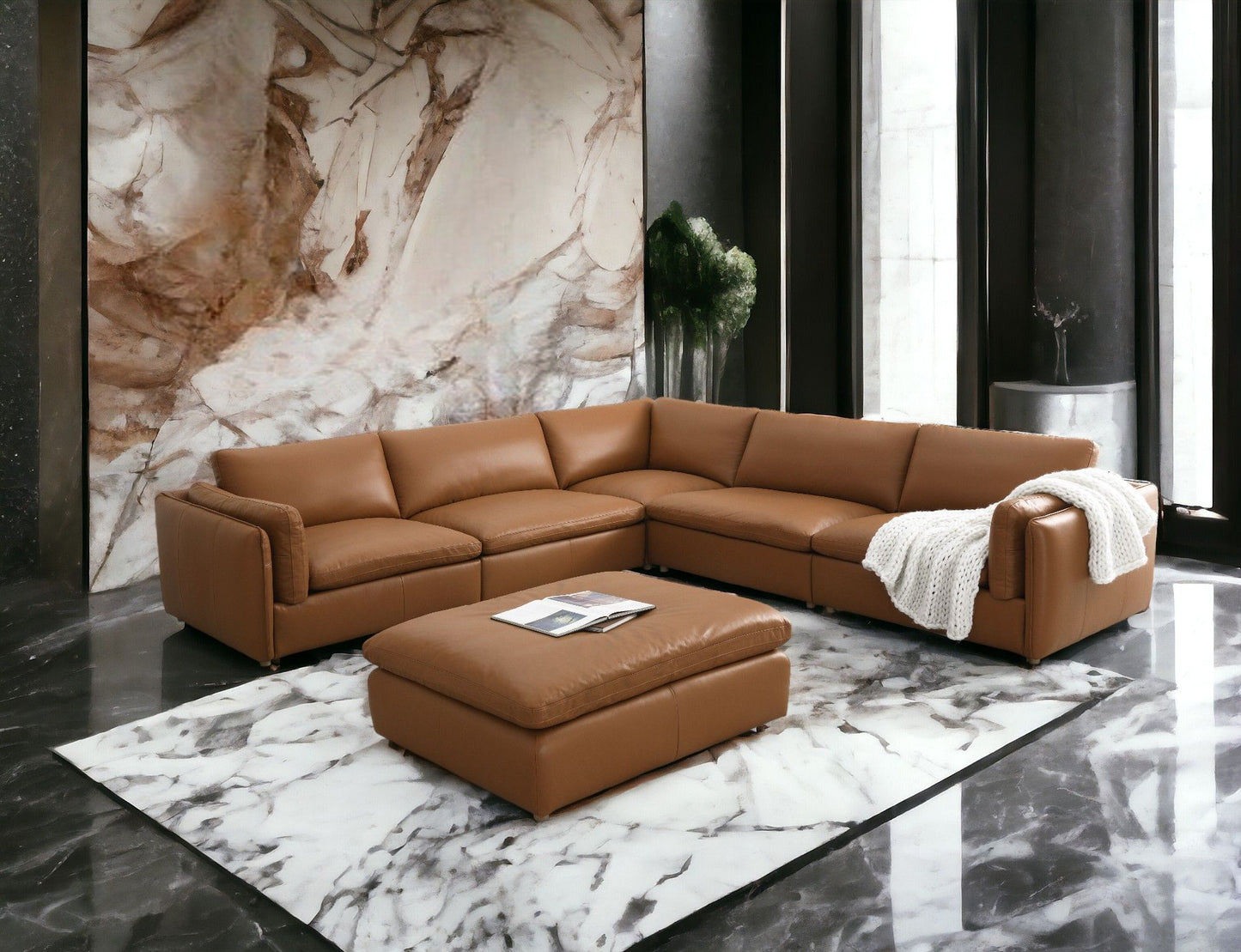 Brighton - Top Grain Leather 6 Pieces Modular Sectional With 1 Ottoman - Brown