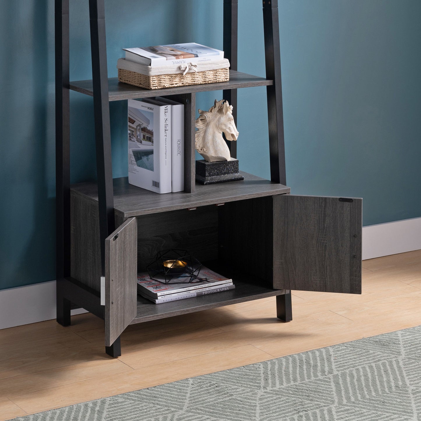 Modern Bookcase With Four Open Shelves And Two Door Cabinet - Black / Gray