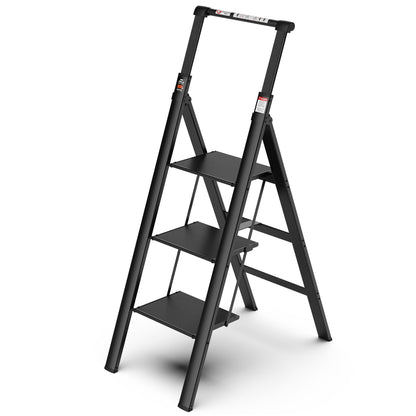 3 Step Ladder, Retractable Handgrip Folding Step Stool With Anti-Slip Wide Pedal, Aluminum Stool Ladders 3 Steps, 300 Lbs Safety Household Ladder - Black