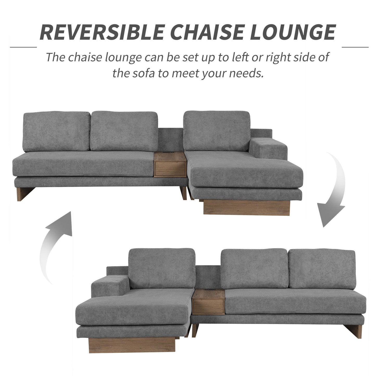 L-Shaped Sofa Sectional Sofa With Two USB Ports And Two Power Sockets, A Storage Drawer And A Reversible Chaise Lounge For Living Room