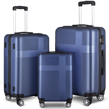 3 Piece Luggage With Tsa Lock Abs, Durable Luggage Set, Lightweight Suitcase With Hooks, Spinner Wheels Cross Stripe Luggage Sets - Dark Blue