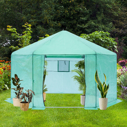 Walk-in Greenhouse Hexagonal Upgrade Reinforced Frame Heavy Duty Plastic Greenhouse Reinforced Thickened Waterproof Insulation (13.1*8.6 ft) - Green