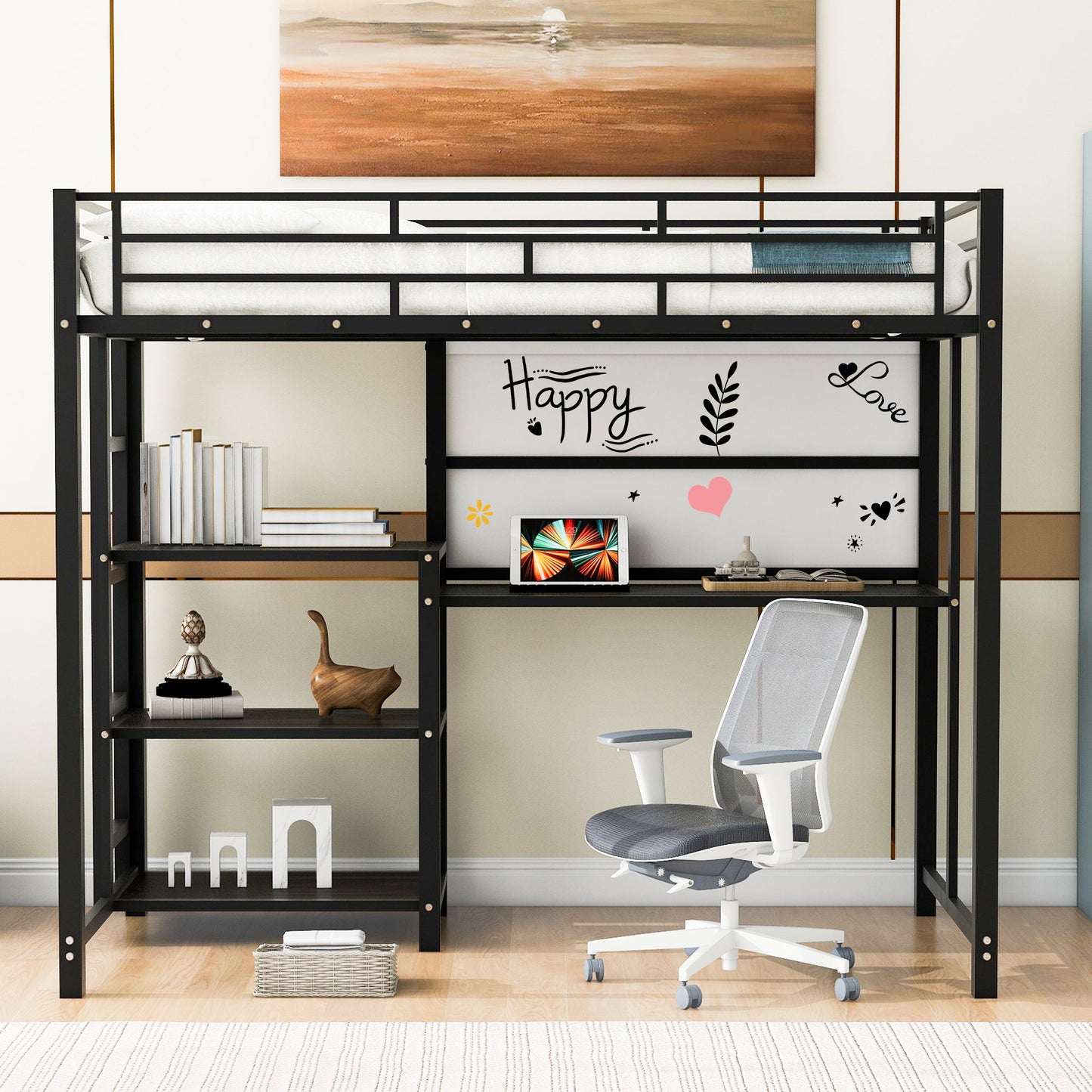 Loft Bed With Desk And Whiteboard, Metal Loft Bed With 3 Shelves And Ladder