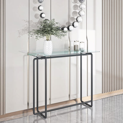 Console Table Single Layer Tempered Glass Rectangular Porch Table Black Leg Double Tempered Glass Tea Table