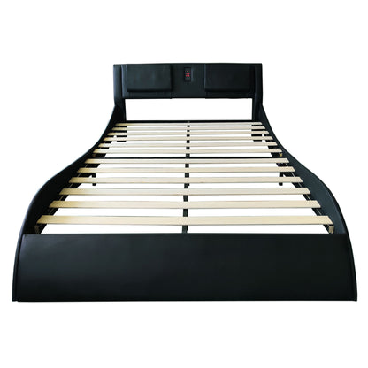 Upholstered Platform Bed Frame With LED Lighting, Bluetooth Connection To Play Music Control, Backrest Vibration Massage, Curve Design, Wood Slat Support