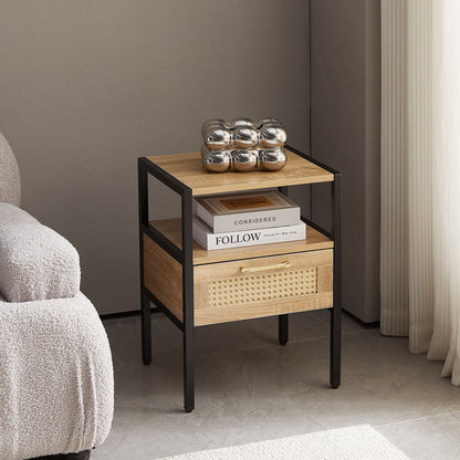 Rattan End Table With Drawer, Modern Nightstand, Metal Legs, Side Table For Living Room, Bedroom