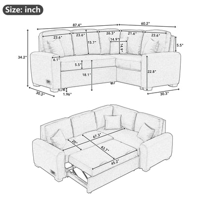 Sectional Sleeper Sofa With USB Charging Port And Plug Outlet, Pull-Out Sofa Bed With 3 Pillows, L-Shape Chaise For Living Room Small Apartment