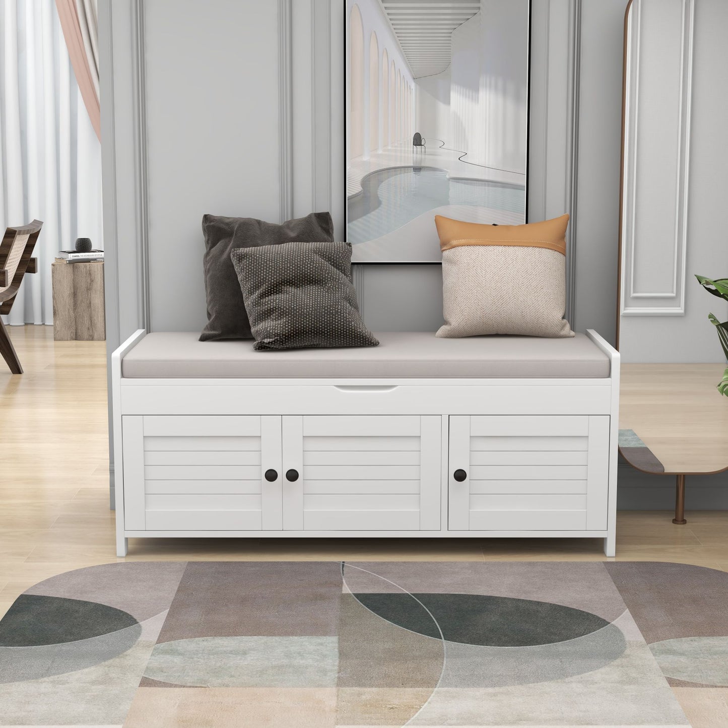 Storage Bench With 3 Shutter-Shaped Doors, Shoe Bench With Removable Cushion And Hidden Storage Space