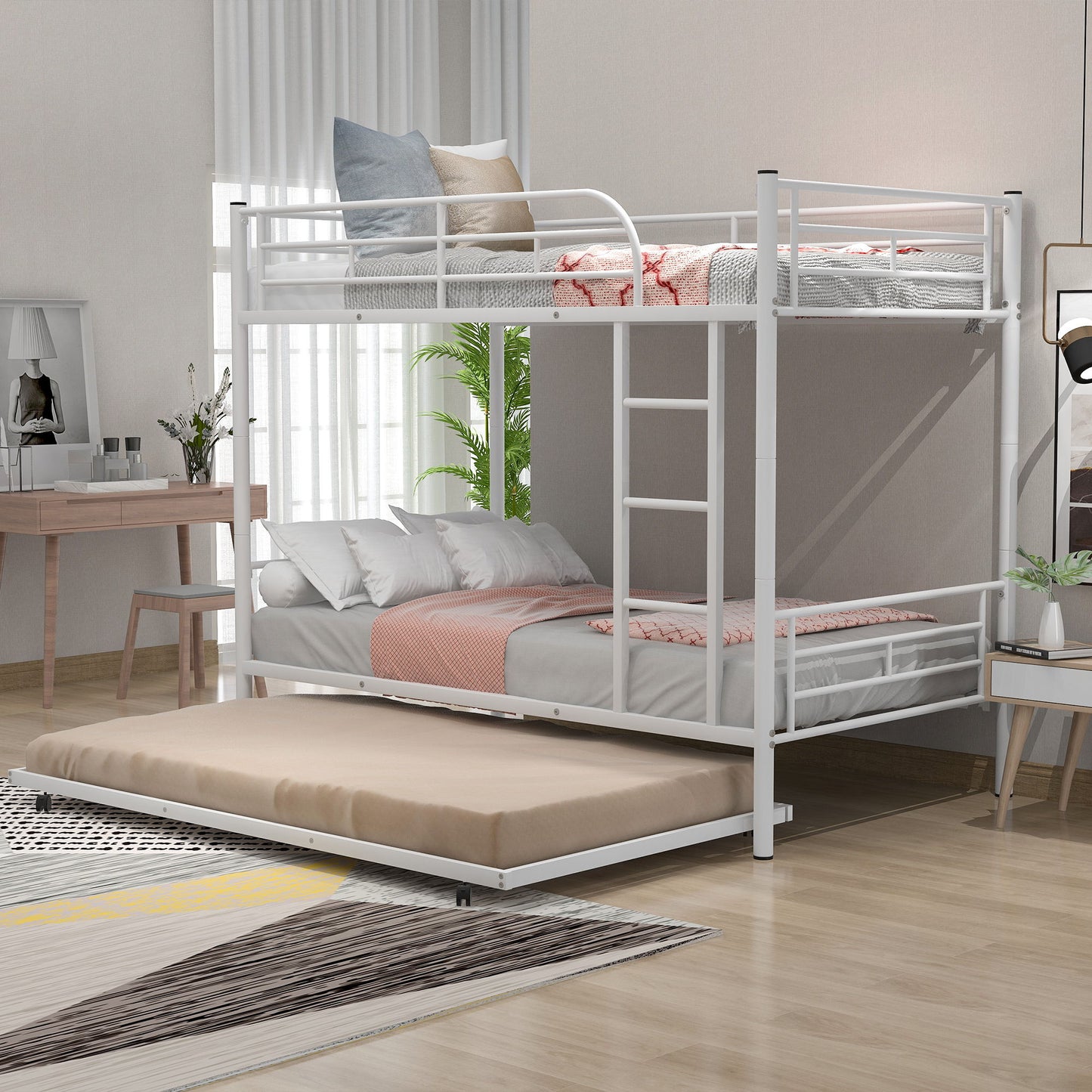 Twin Over Twin Metal Bunk Bed With Trundle, Can Be Divided Into Two Beds, No Box Spring Needed - White