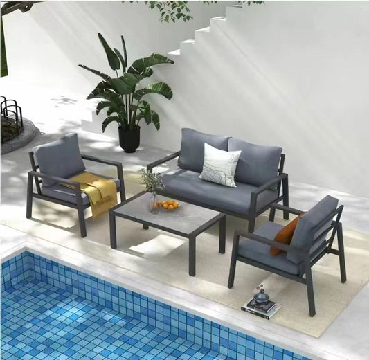 4 Piece Aluminum Outdoor Patio Conversation Set, All Weather Sectional Sofa Outside Furniture With Removable Cushions And Tempered Glass Coffee Table - Gray