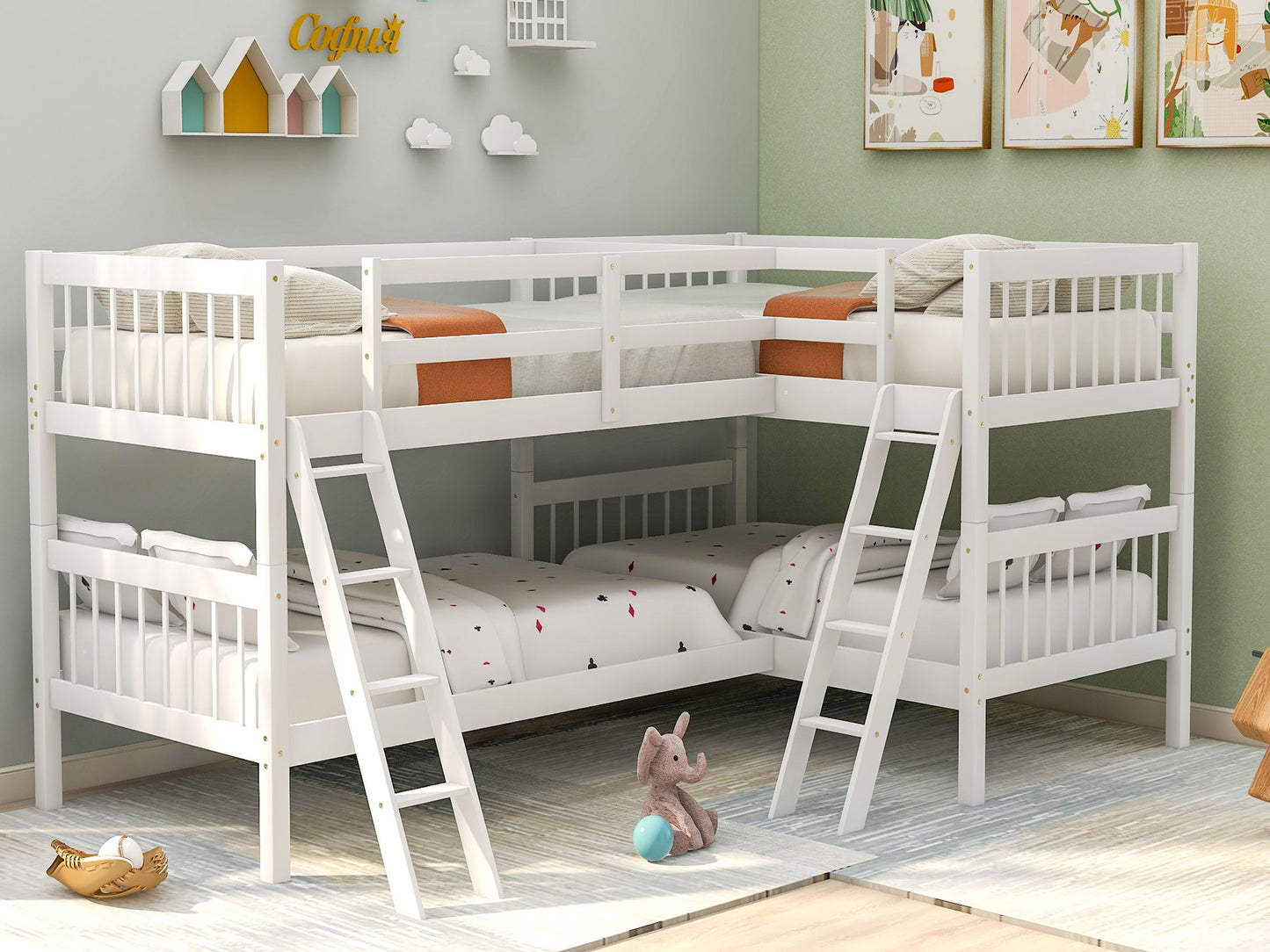 Twin L-Shaped Bunk Bed With Ladder - White