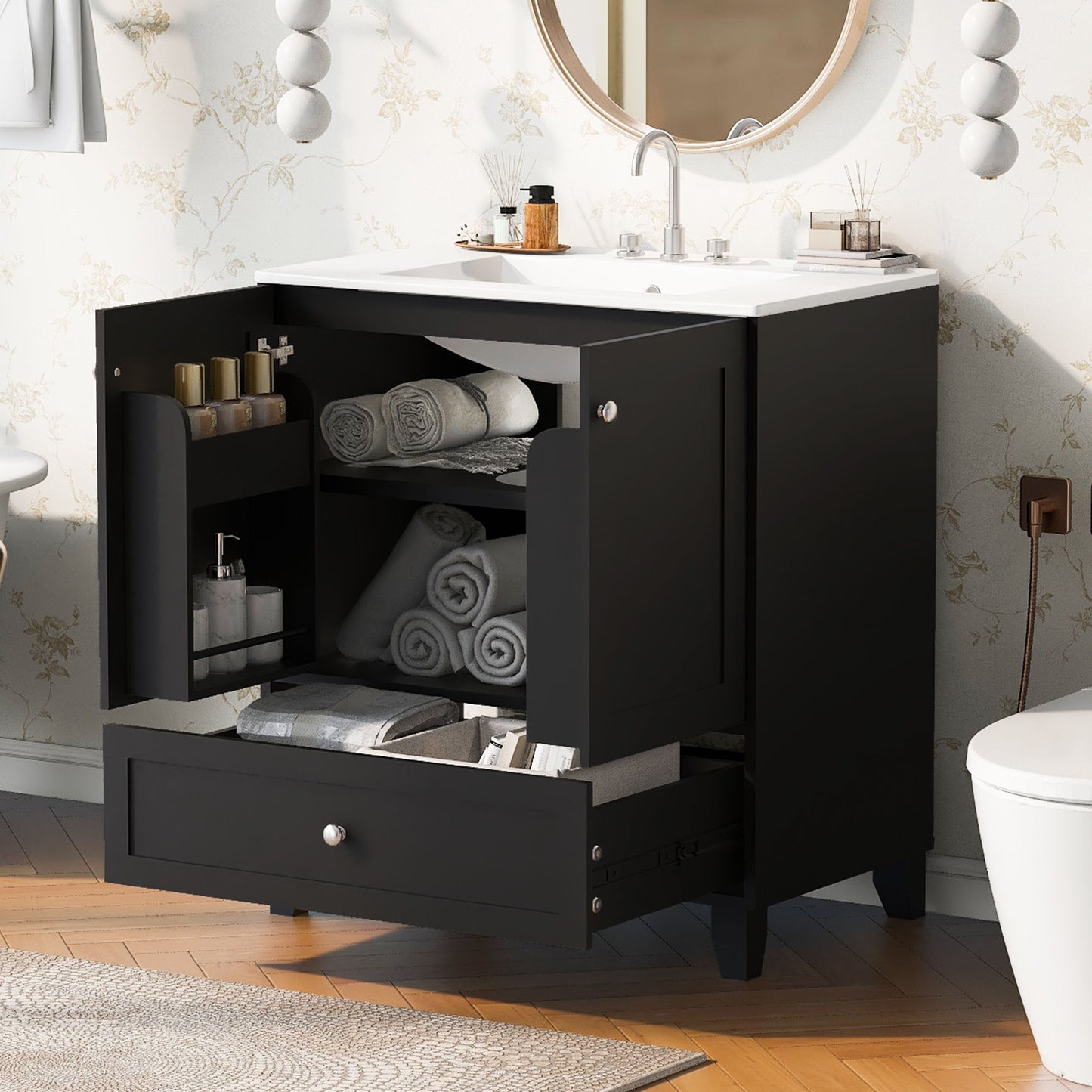 Bathroom Vanity Set With Ceramic Sink And Ample Storage Space Ideal For Small Bathrooms