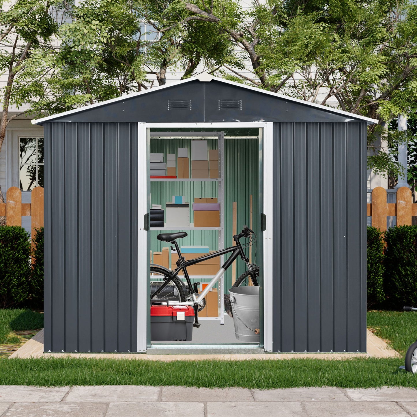 Outdoor Metal Storage Shed With Sliding Door And Foundation For Backyard, Patio, Lawn