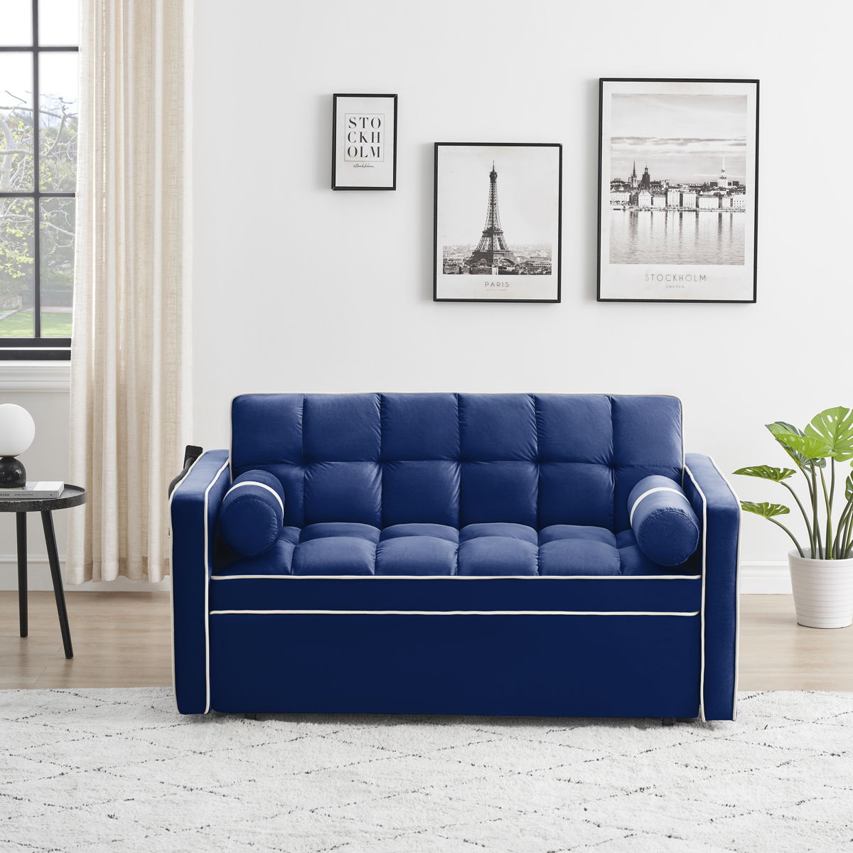 Modern Convertible Sleeper Sofa Couch With Pull Out Bed With Pillows & Side Pockets For Small Space, Living Room