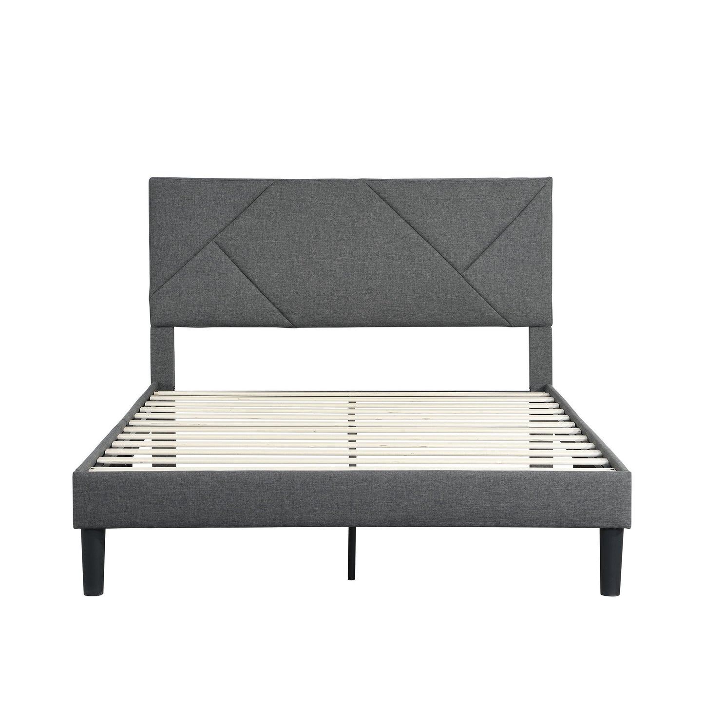 Queen Size Upholstered Platform Bed Frame Wood Slat Support - Gray