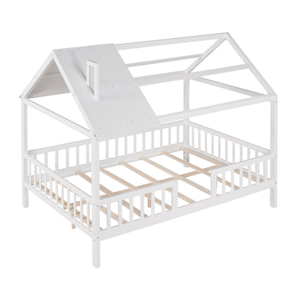 Full Size Wood House Bed With Fence - White