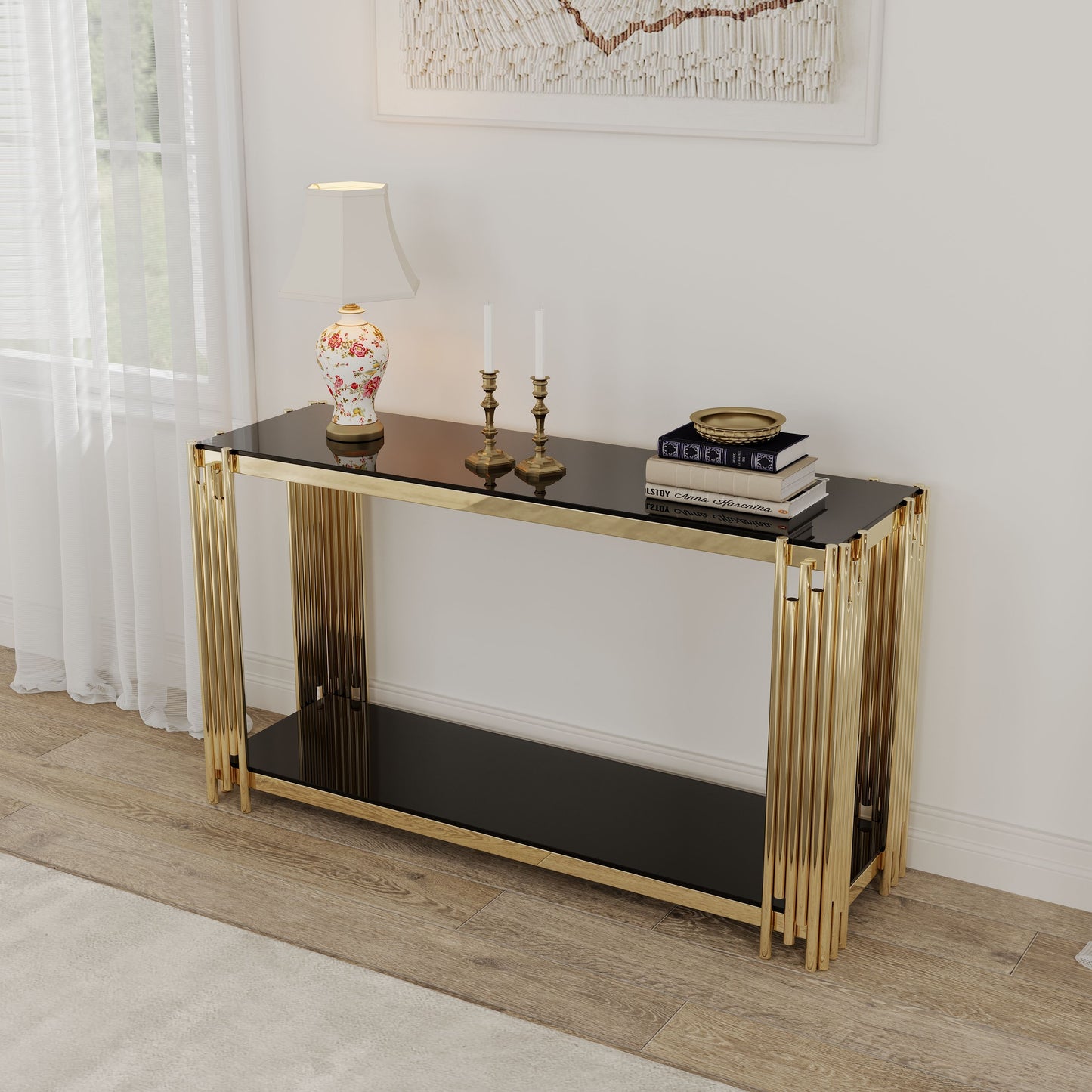 Square End Table With Tempered Glass Top For Living Room - Black / Gold