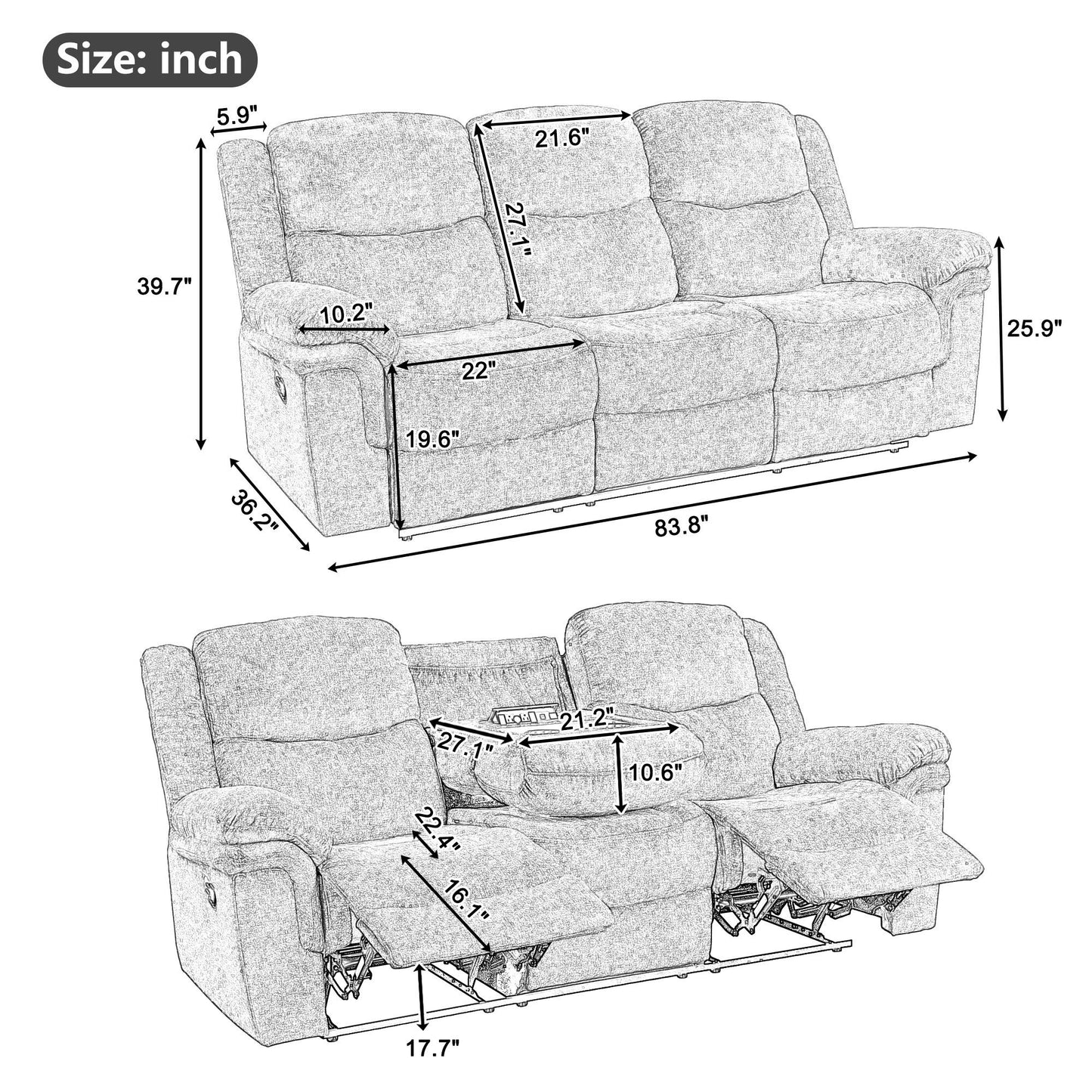 Home Theater Seating Manual Reclining Sofa With Cup Holder, 2 USB Ports, 2 Power Sockets For Living Room, Bedroom - Dark Blue