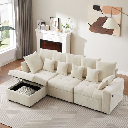 Sectional Sofa Modular Sofa Couch With Three USB Ports, A Removable Storage Ottoman And Five Back Pillows For Living Room