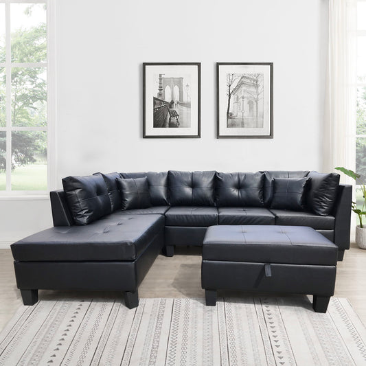 3 Piece Sofa With Left Chaise Lounge And Storage Ottoman, 2 Throw Pillows - Black