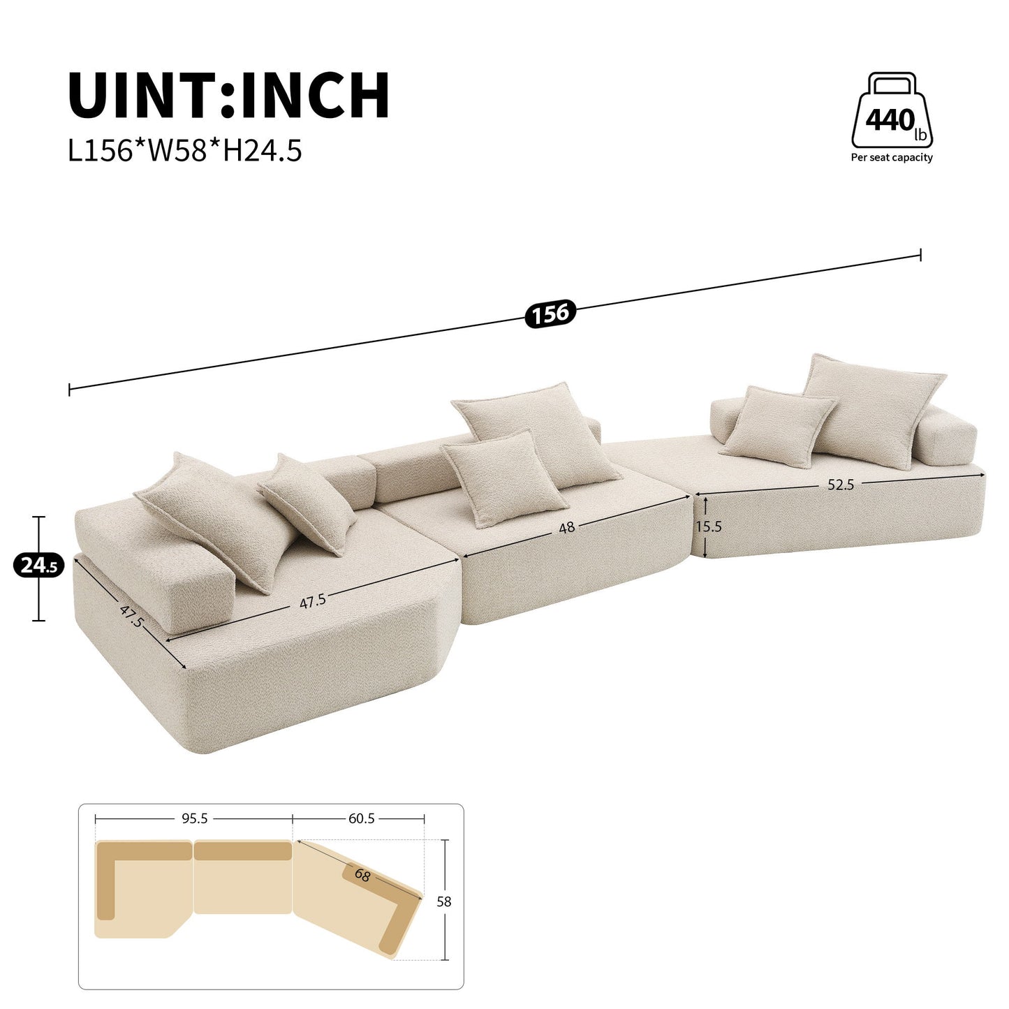 Oversized Modular Sectional Sofa, Luxury Boucle Floor Couch Set, Convertible Sleeper Couch, Spacious Foam-Filled Sofa Bed For Living Room