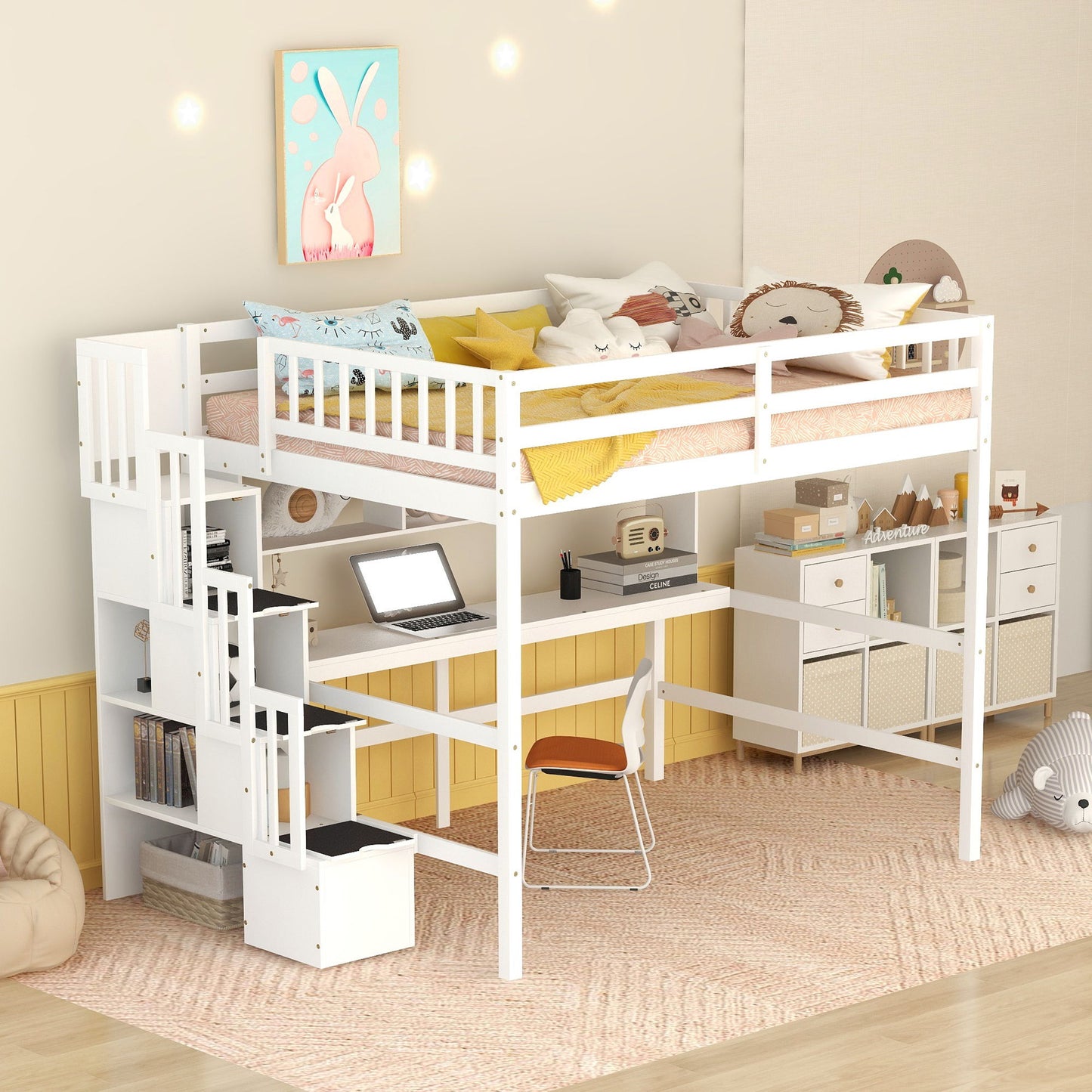 High Loft Bed With Built-In Desk, Ladder Platform, Ladders, Guardrails