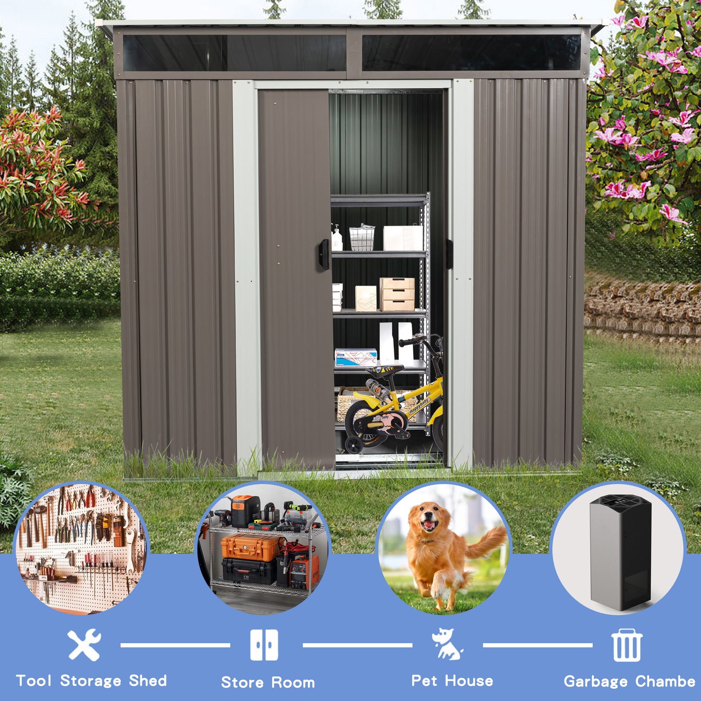 Outdoor Metal Storage Shed With Window Transparent Plate W540S00011 - Gray