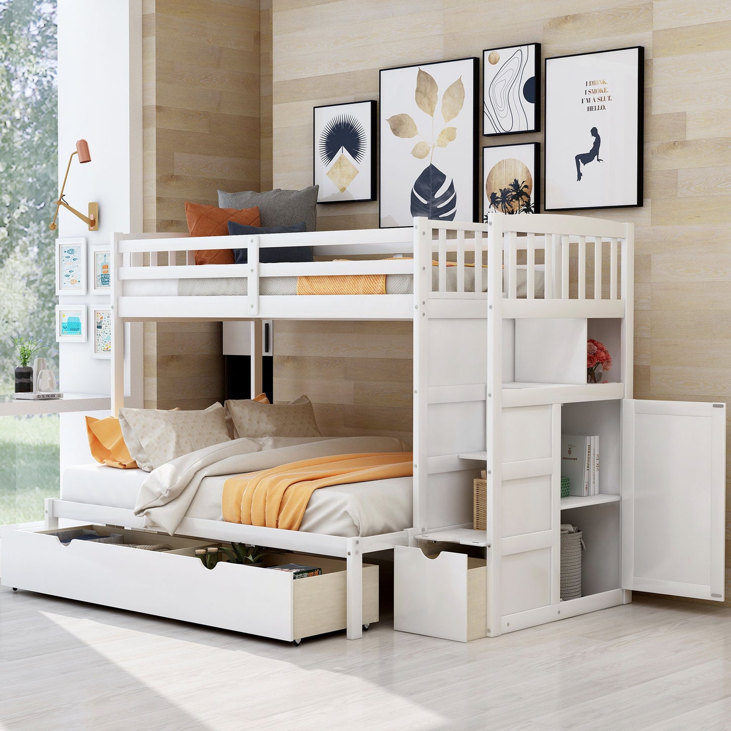 Bunk Bed, Convertible Bottom Bed, Storage Shelves And Drawers