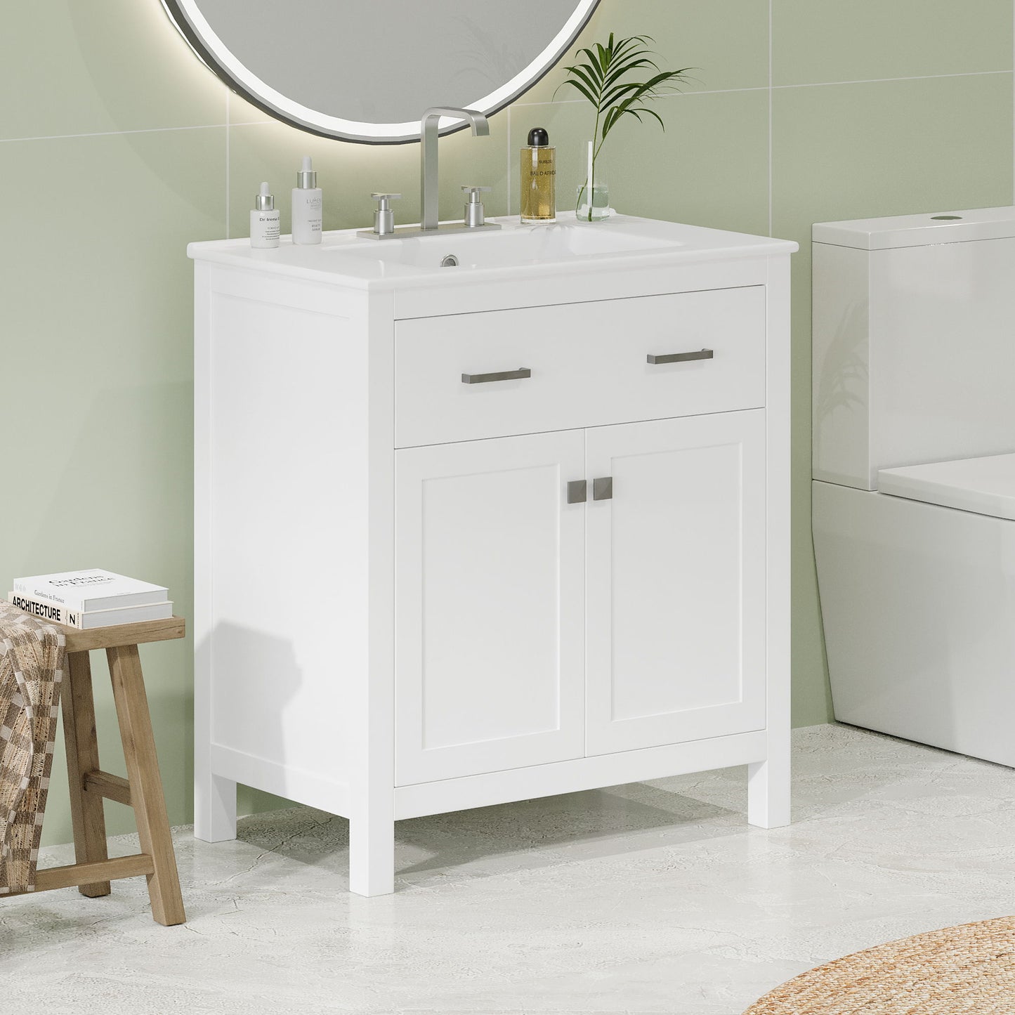 Bathroom Vanity With Ceramic Sink, Modern Single Bathroom Cabinet With 2 Doors And A Shelf, Soft Close Doors