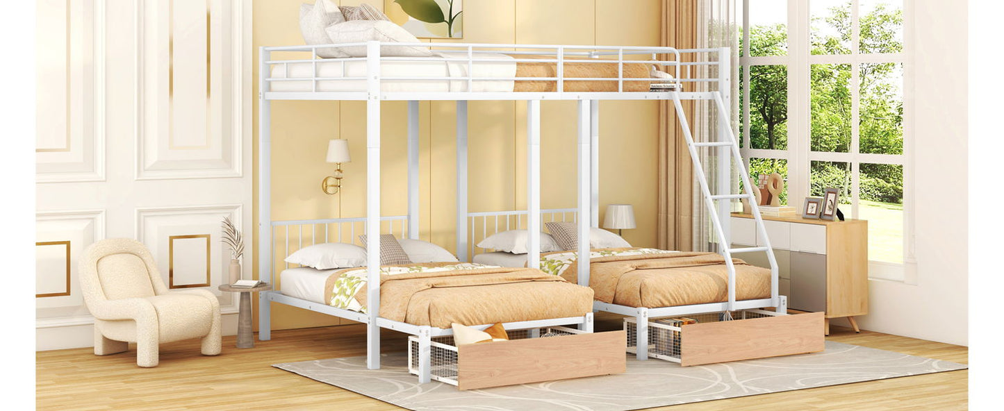 Bunk Bed, Metal Triple Bunk Bed With Drawers And Guardrails