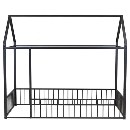 Twin Size Metal Bed House Bed Frame With Fence, For Kids, Teens, Girls, Boys