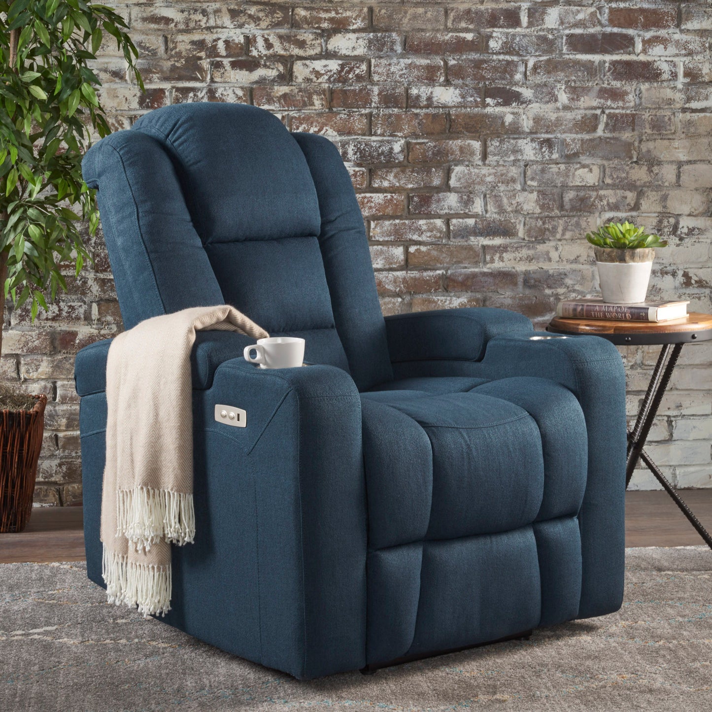 Wide - Power Standard Recliner Chair With Arm Storage With USB - Navy Blue