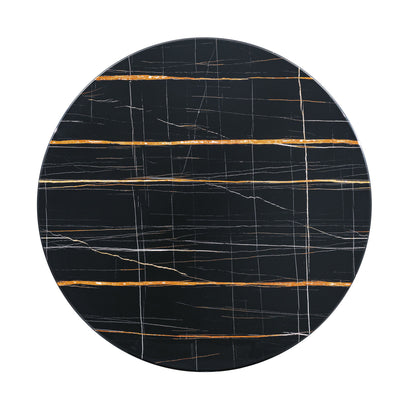 Marble Printed MDF Round Dining Table With Gold Annulus (Not Including Chairs) - Black