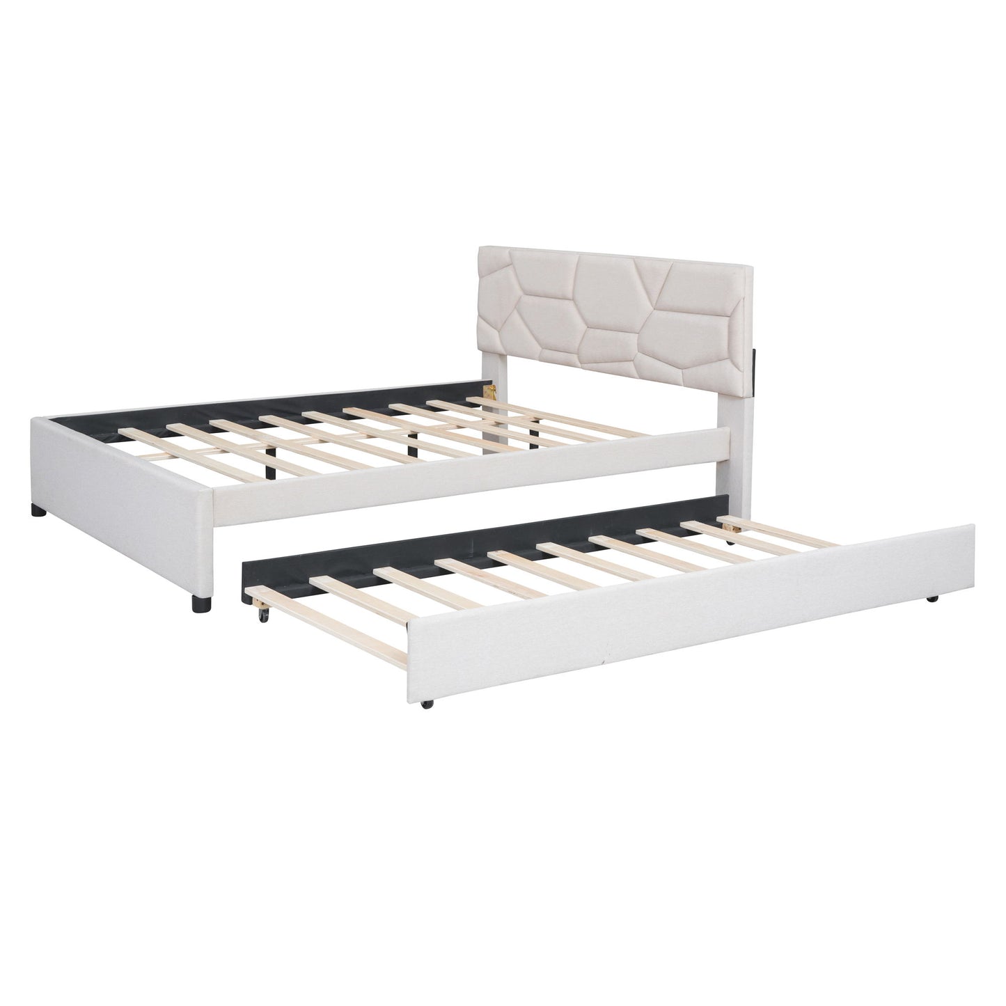 Upholstered Platform Bed With Brick Pattern Headboard And Twin Long Size Trundle