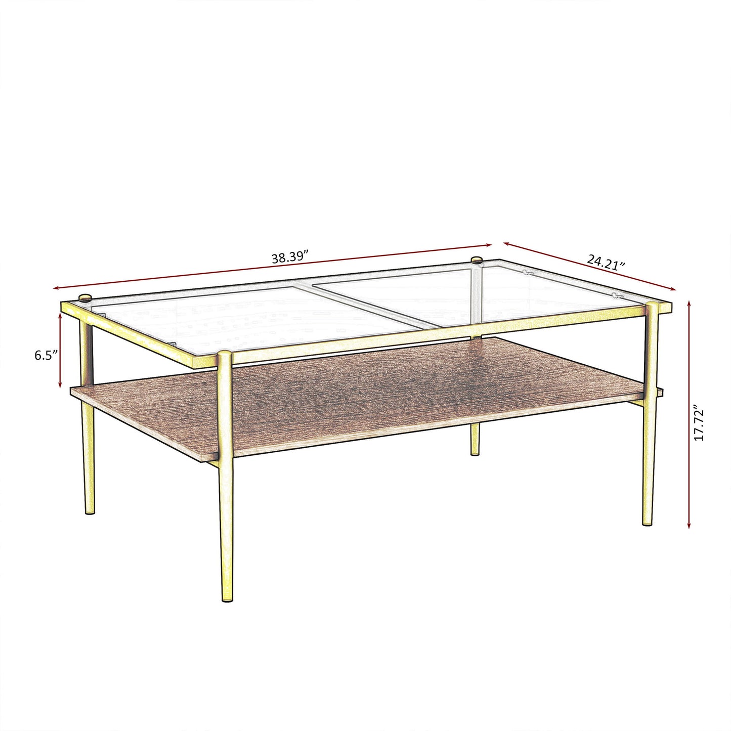 Rectangle Coffee Table With Tempered Glass Top And White Legs, Modern Table For Living Room