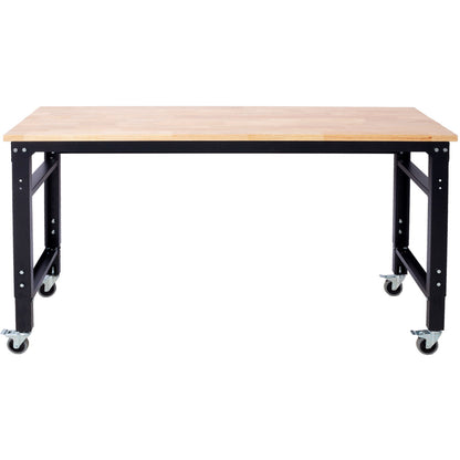 Wide Rolling Workbench For Garage, Adjustable Height, Workshop Tool Bench, Metal With Rubber Wood Top