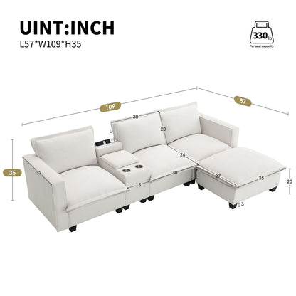 Modern Sectional Cloud Sofa With Console, USB Charging Port, Reading Light, Cup Holder, 4 Seat Chenille Modular Couch, Storable Indoor Funiture For Living Room, Apartment