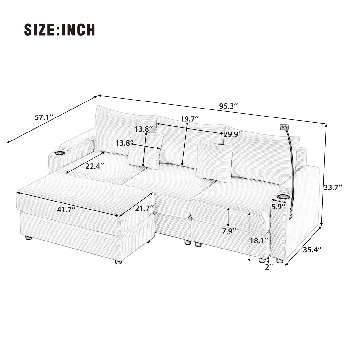 Modern Style Loveseat Sofa Sectional Sofa Couch With Storage Space, A Movable Ottoman, Two USB Ports, Two Cup Holders, A Phone Holder For Living Room