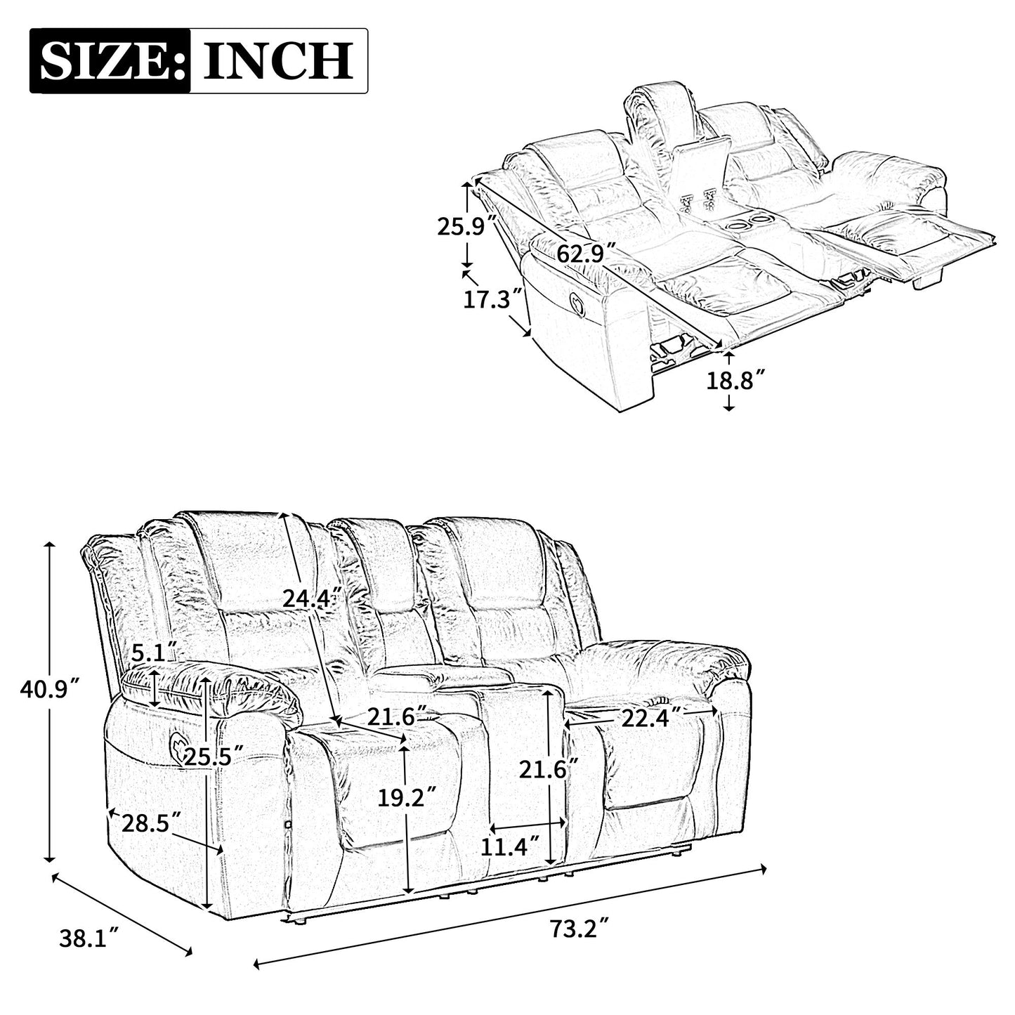 2 Seater Home Theater Recliner Manual Recliner Chair With A Storage Box And Two Cup Holders For Living Room